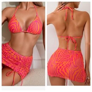 3 Piece Bathing Suit Halter High Cut Bikini Sets Swimsuit Cover Up Skirt